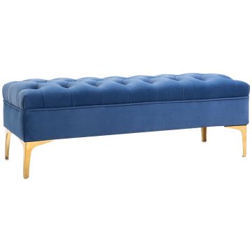 HOMCOM Bancă la Capătul Patului din Catifea Albastru Închis, Design Modern cu Picioare Metalice Aurii, 118x45x42cm | Aosom Romania