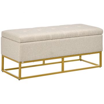 HOMCOM Bancă de Depozitare cu Șezut, Bancă Tapițată Dreptunghiulară, Taburet din Stofă de In cu Picioare de Oțel, 110x44x48 cm, Bej | Aosom Romania