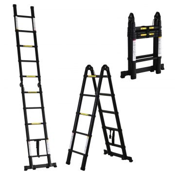 DURHAND Scară Telescopică Pliabilă cu 10 Trepte, Scară Extensibilă din Aluminiu și Metal, 320x67x7 cm, Neagră | Aosom Romania