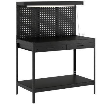 HOMCOM Banc de lucru 110 cm cu panou perforat, banc robust cu șină de prize și iluminare LED, Negru | Aosom Romania