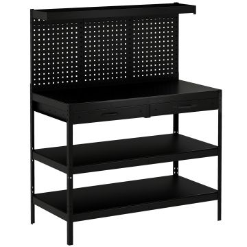 HOMCOM Banc de lucru cu rafturi reglabile, stație de lucru robustă cu panou perforat și 2 sertare, 122 x 61 x 156 cm, Negru | Aosom Romania