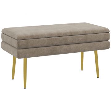 HOMCOM Bancă bancută cu spațiu de depozitare 2 în 1, șezut cu aspect de catifea și picioare din oțel - 79,5L x 37,5P x 43Î cm bej și aurit | Aosom Romania