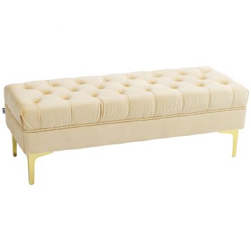 HOMCOM Bancă cu Husă Capitonată, Bancă Tapițată din Catifea cu Picioare Metalice, 118x45x42 cm, Bej | Aosom Romania