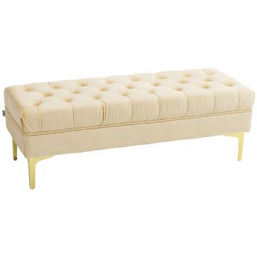 HOMCOM Bancă cu Husă Capitonată, Bancă Tapițată din Catifea cu Picioare Metalice, 118x45x42 cm, Bej | Aosom Romania