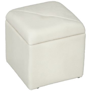HOMCOM Bancă cu Spațiu de Depozitare, Tapițată cu Blană Teddy Fleece, Puf la Capătul Patului, 39x39x39 cm, Alb Crem | Aosom Romania