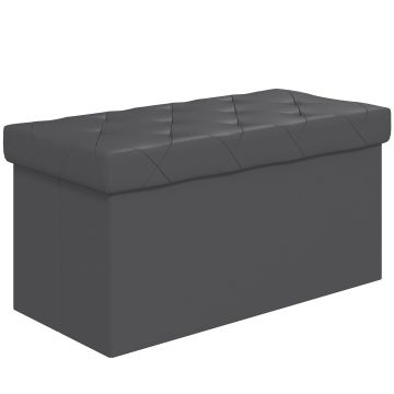 HOMCOM Bancă Cutie de Depozitare Pliabilă, Bancă Taburet cu Capac și Înveliș din Piele Ecologică, 76x38x38 cm, Gri | Aosom Romania