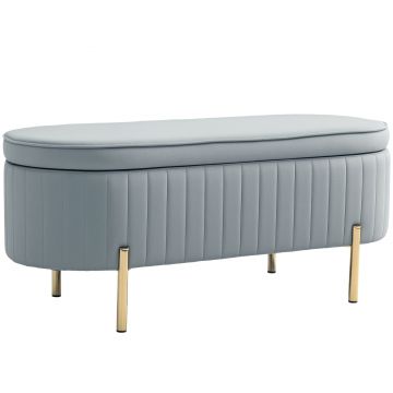 HOMCOM Bancă de Depozitare pentru Intrare Ovală 72L cu Design Scanalat, Capac Ridicabil și Șezut Capitonat, Bancă de la Capătul Patului Pouf în Catifea și Picioare de Lemn de Pin, 108x44x43.5 cm, Gri | Aosom Romania