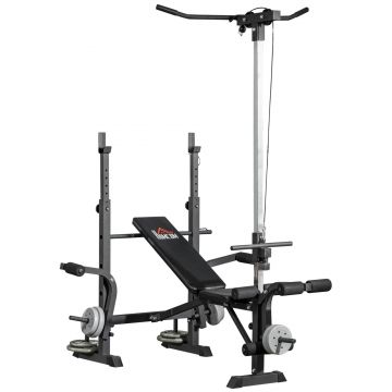 HOMCOM Bancă Fitness Multifuncțională cu Sistem Pulley, Suport Reglabil pentru Bara de Greutăți și Spătar Ajustabil, Bancă de Antrenament Înclinabilă pentru Extensia Picioarelor și Chest Fly, Ideală pentru Casa Ta | Aosom Romania