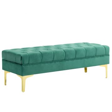 HOMCOM Bancă Hol, cu Husă Capitonată din Catifea cu Picioare Metalice pentru intrare, dormitor sau sufragerie, 118x45x42 cm, Verde | Aosom Romania