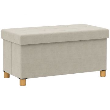 HOMCOM Bancă Ladă de Depozitare Pliabilă, Bancă de Pat cu Capac Căptușit și Înveliș de Catifea, 76x38x38 cm, Crem Alb | Aosom Romania