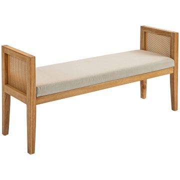HOMCOM Bancă Modernă pentru Capătul Patului cu Perne Groase, Cotiere din Ratan și Cadru din Lemn Masiv, 120x38x61.5 cm, Crem