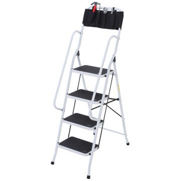 HOMCOM Scară pliabilă 4 trepte XL cu trepte antiderapante, bare duble de siguranță, geantă scule, max.1,55 m, 150 kg, otel, alb/negru | Aosom Romania