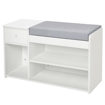 Banca pantofar cu perna, sertar si 3 compartimente deschise, mobilier din lemn pentru hol 81x31.5x49cm, alb | Aosom Romania