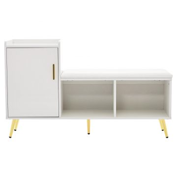 Dulap pentru pantofi cu finisaj lucios, bancă tapițată, rafturi ajustabile și accente aurii, pentru intrare, hol, 120x35x71,5 cm, Alb