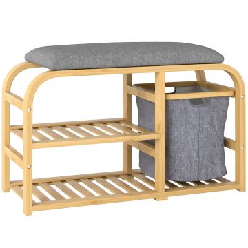 HOMCOM Bancă pentru Pantofi din Bambus cu 2 Rafturi și Coș Detașabil, 70x30x45 cm, Lemn | Aosom Romania