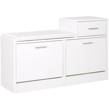 HOMCOM Dulap Pantofi cu Scaun Căptușit, 6 Perechi, 94.5x57x30cm, Lemn Granulat, Alb | Aosom Romania